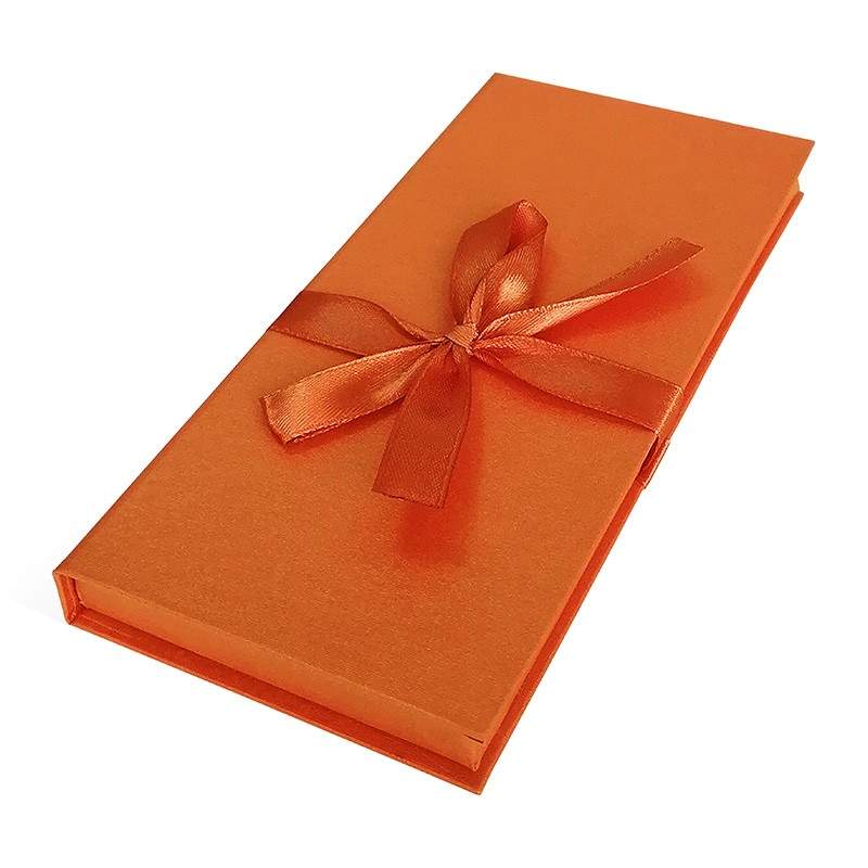 Коробка-конверт д/денег Д10303П.044 микровельвет оранжевый с бантом тиснение 172х83х16мм 