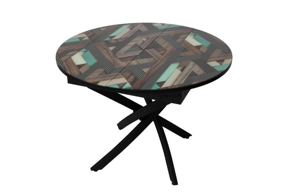 Стол Арго раскл. D1000 (1300)  стекло(опора эм.черный, 19 стекло паркет мозаика с бирюзой)