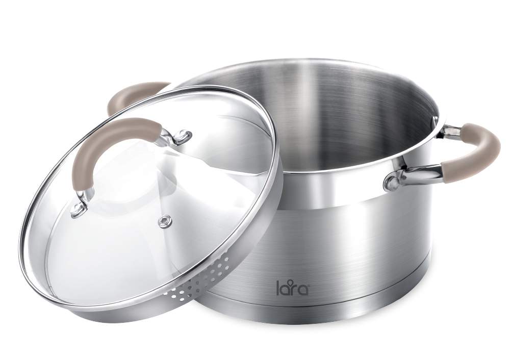 LARA Берлин Кастрюля LR02-344 5,7л 24х13см капсул дно носик д/слива крышка-дуршлаг индукция /нерж/