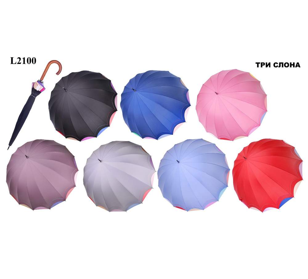 Зонт-трость женский  Три слона  L2100  Эпонж, автомат, 16 спиц, ручка-крюк дерево, радиус 60см