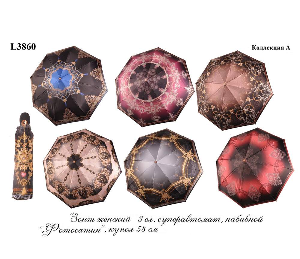 Зонт женский  Три слона  L3860A  Фотосатин, набивной, автомат, 8 спиц, радиус 58см