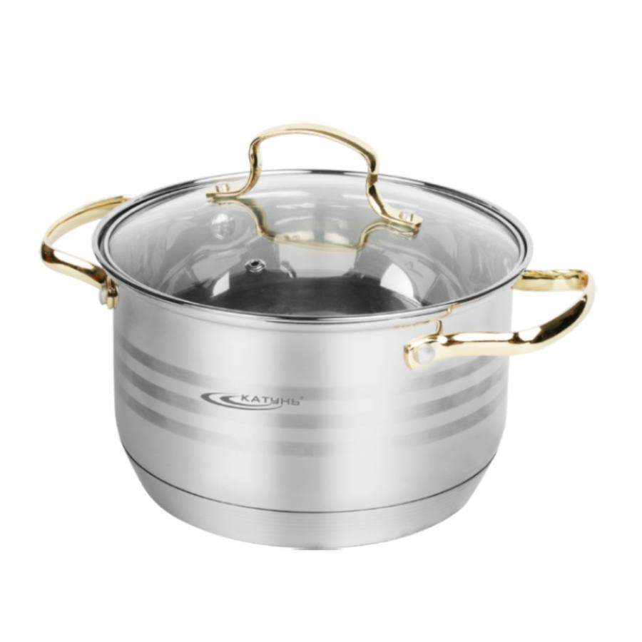 КАТУНЬ Элис Голд Кастрюля 5,5л 24х13,5см капсул дно с/кр(термостекло) индукция /нерж/ КТ22-D-24