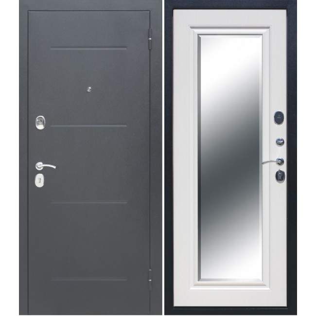 Дверь металлическая Гарда  7,5мм Серебро зеркало фацет Белый ясень  860 R Карат