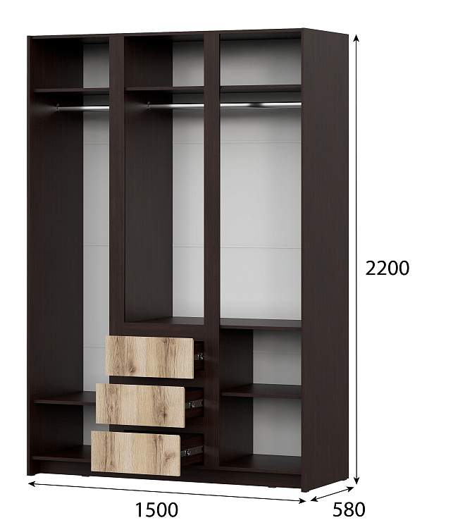 Прага Шкаф д/одежды трехстворчатый Дуб венге/Дуб Делано