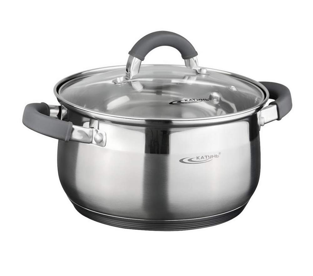 КАТУНЬ Ирида Кастрюля 5,2л 22см капсул дно ручки(нерж.сталь силикон) с/кр индукция /нерж/ КТ08-D-22