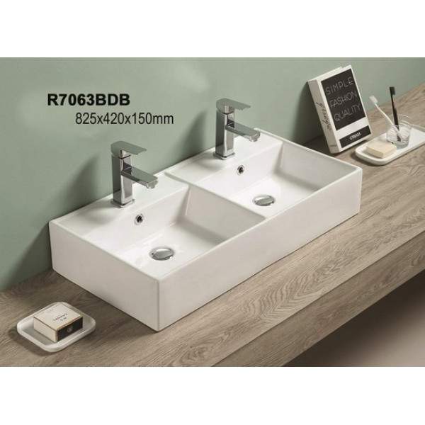 Раковина R7063BDB накладная на столешницу белая с двумя чашами 825х420х150мм P