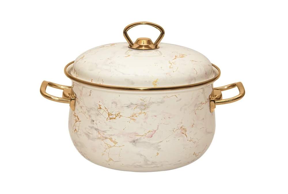 TM RASHEL Lux мрамор кремовый Кастрюля 3л 18см ручки(золото) металл.крышка 3х-слойная эмаль R-50018