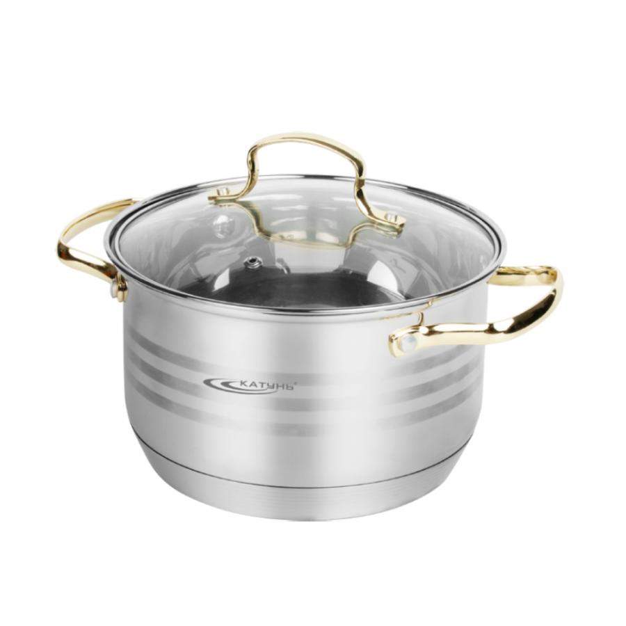 КАТУНЬ Элис Голд Кастрюля 3,5л 20х12,5см капсул дно с/кр(термостекло) индукция /нерж/ КТ22-D-20