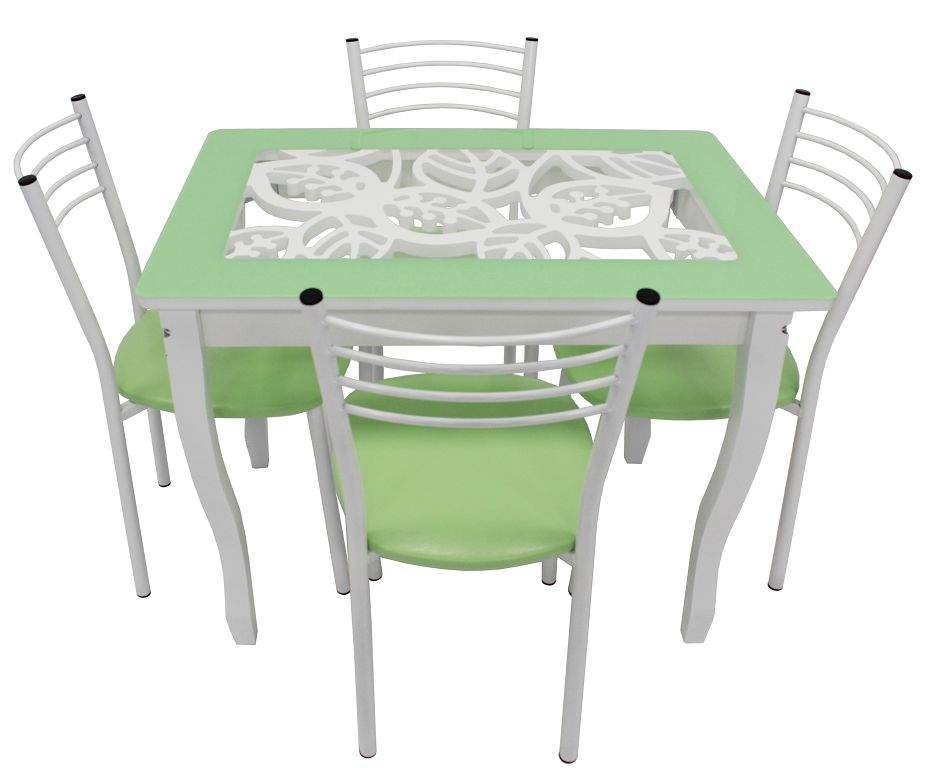 Стол Обеденный Стиль 2 ажур IV оливковый/50*50 белый муар + 4 стула МИС 2 белый муар/велутто