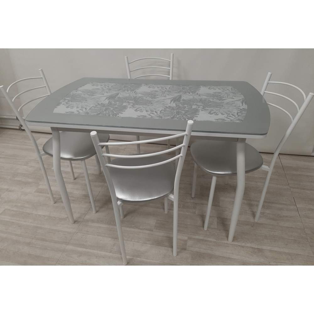 Стол Обеденный 5.1  Герберы стальной/S100 бел.муар+4 стула тюльпан МИС/белый муар/стальной