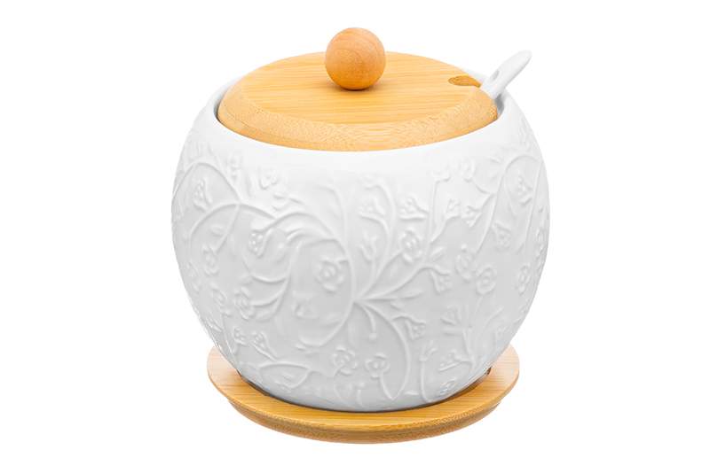 ELAN GALLERY Веточки-цветочки Сахарница 950313 с ложкой 500мл на деревянной подставке 