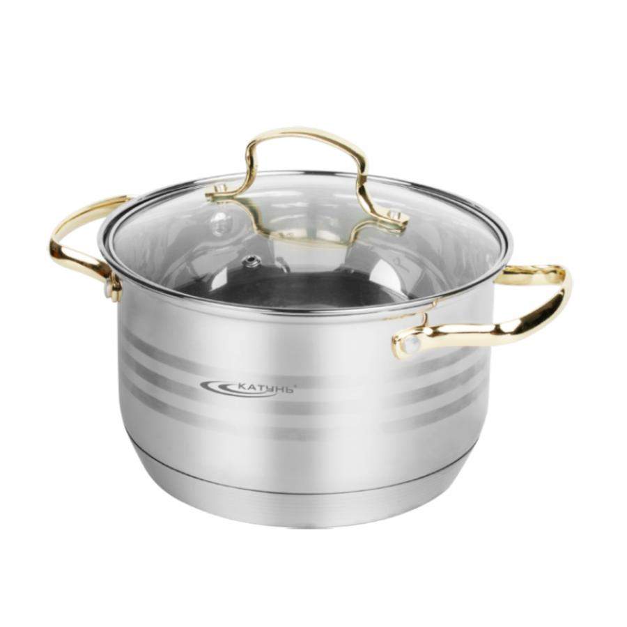 КАТУНЬ Элис Голд Кастрюля 4,5л 22х13см капсул дно с/кр(термостекло) индукция /нерж/ КТ22-D-22