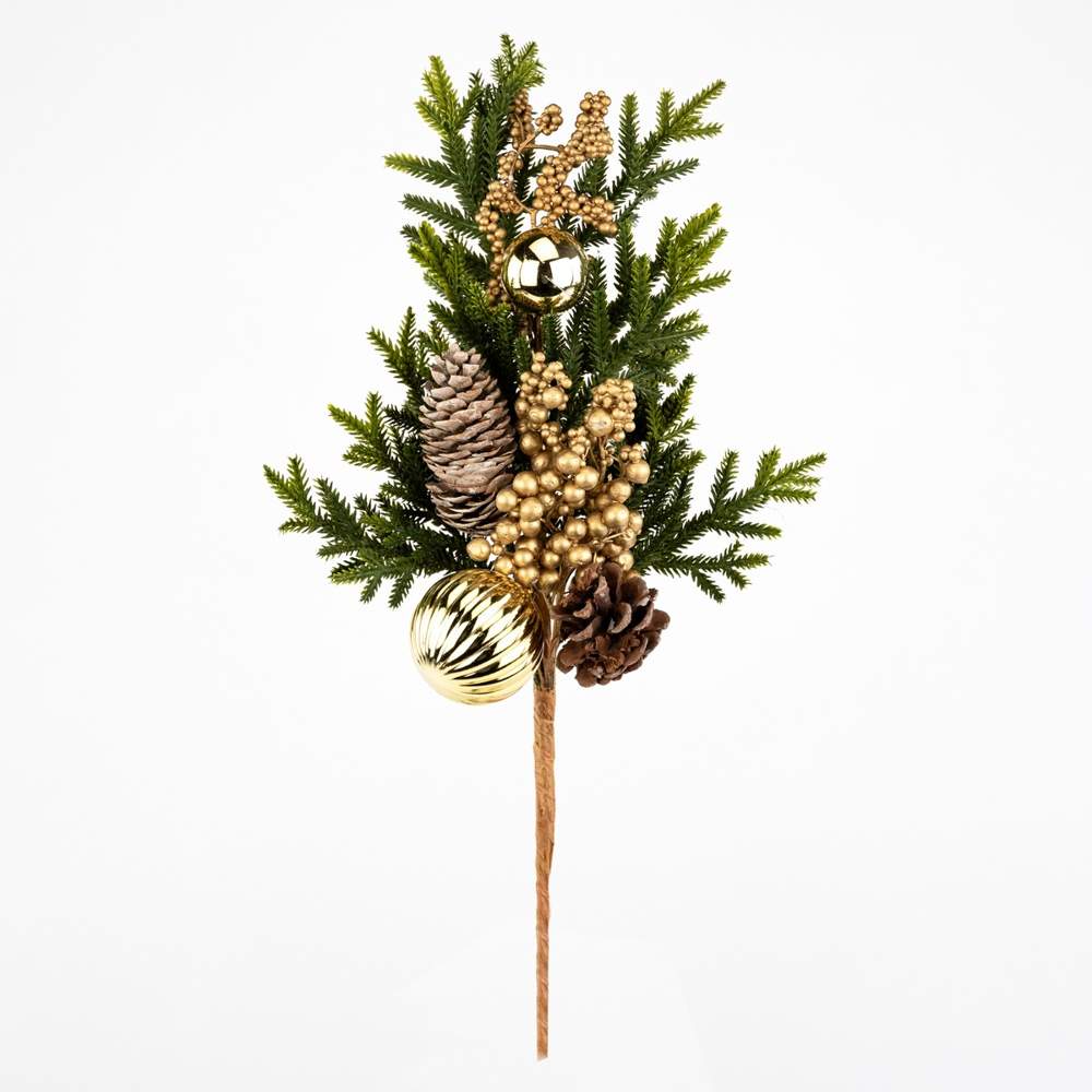 DECOLINE Ветка декоративная H7L214.18P еловая с ягодами,шишками и шарами зеленый/золото 45см 