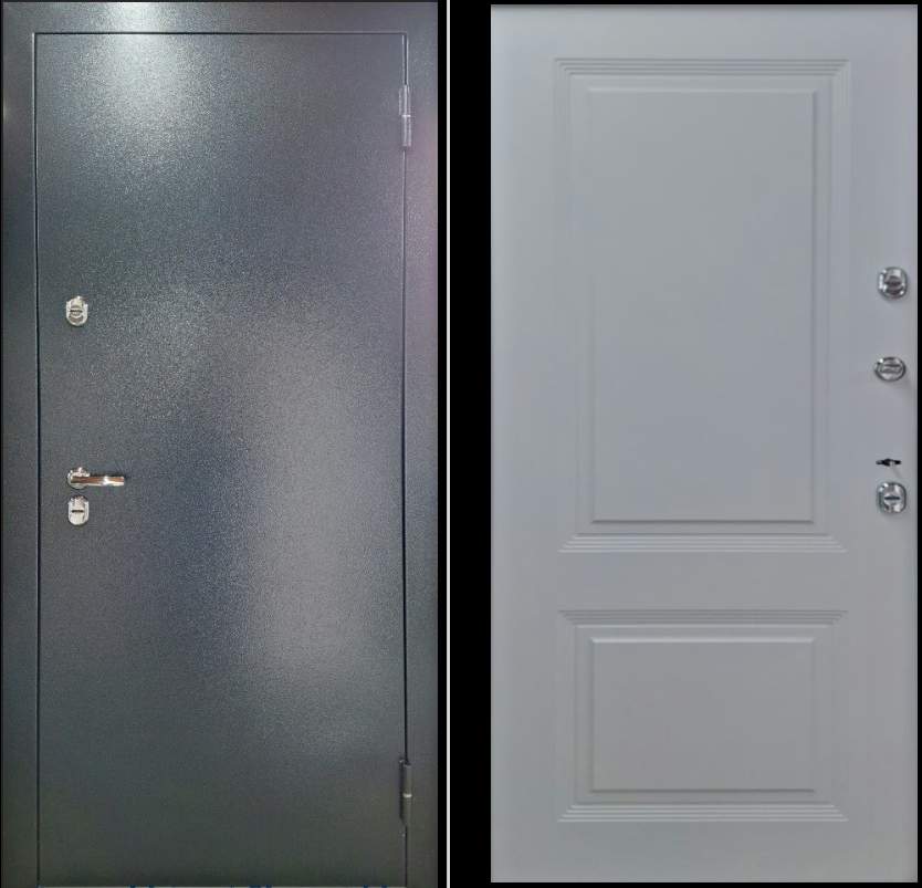 Дверь мет. ДС "Термо Профи"(Серебро на черном, внутр.-Белая Шагрень,фр.№64,фурн.хром)860*2050 левая
