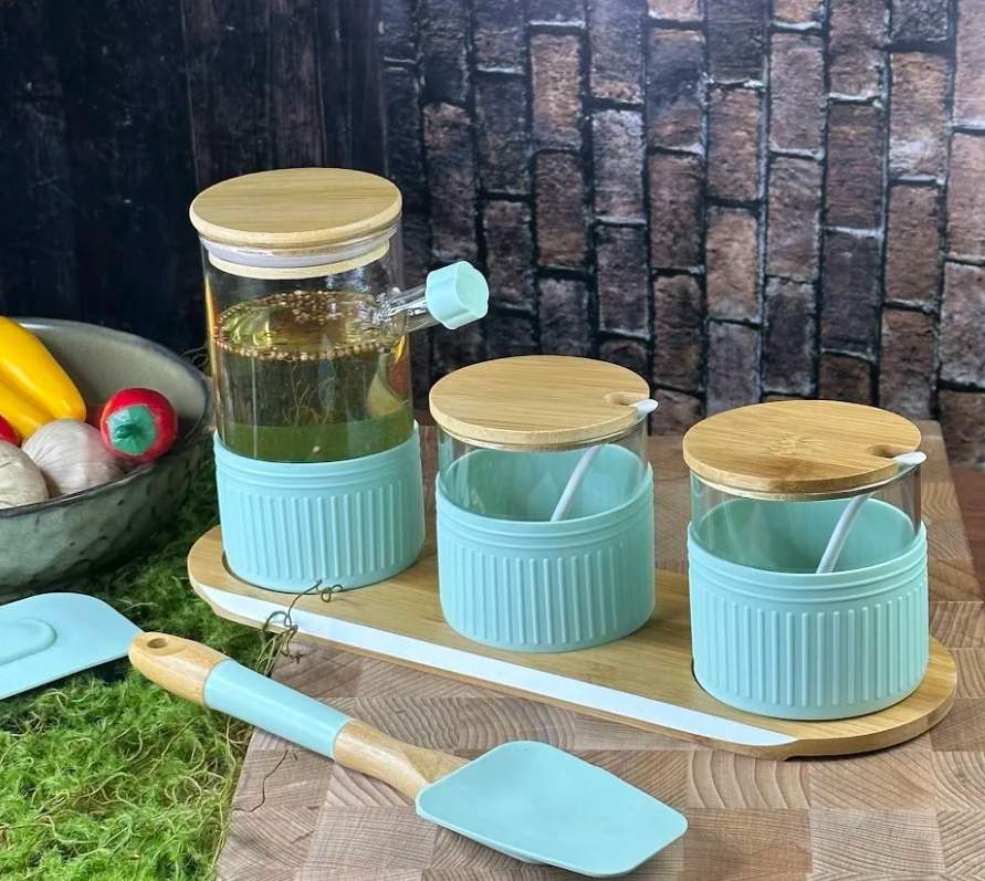 LENARDI Набор банок д/сыпучих+емкость д/масла 160-228 на подставке стекло/бамбук/силикон