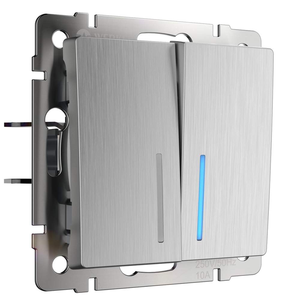 Выкл.  Frame 2-кл. с подсв.  серебр. рифленый  WL09-SW-2G-LED  -  W1120109