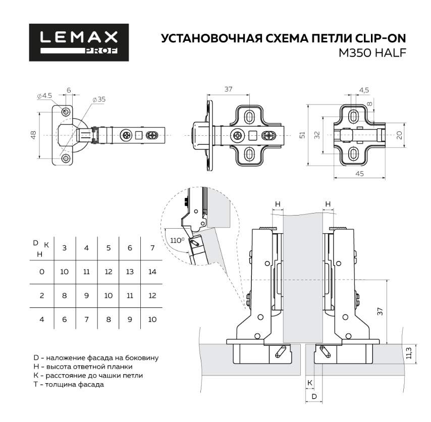 Петля полунакладная slip-on 110градусов  с доводчиком M350-Half