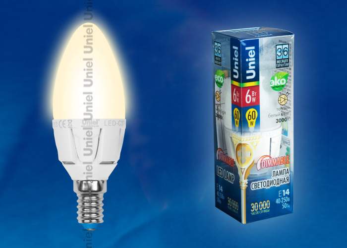 Лампа Uniel DIM LED-CW37-6W/WW/E14/FR PLP01WH