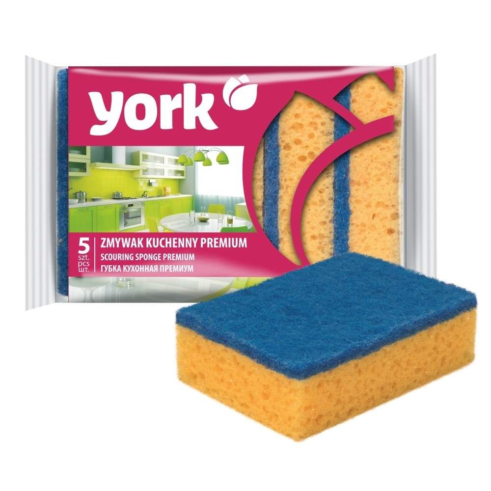 YORK Набор губок 030300 Премиум д/посуды 5шт крупнопористый поролон/абразив 105x75x30мм