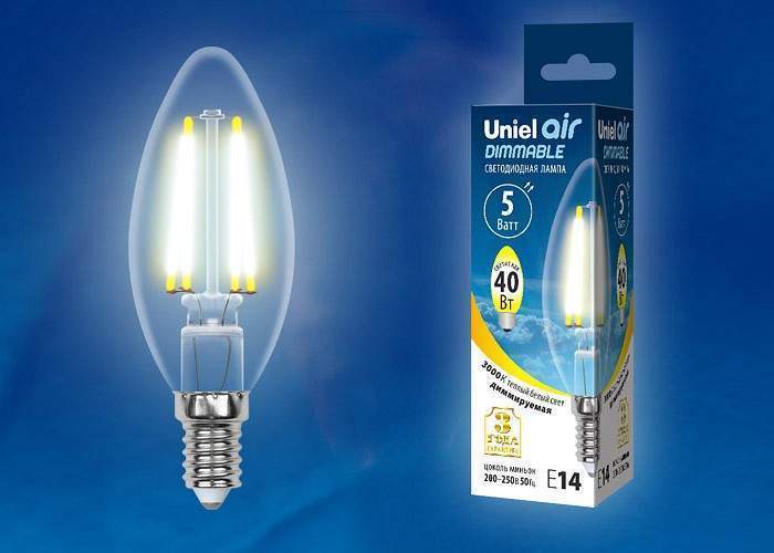 Лампа Uniel E14 5W 3000K LED-C35-5W/WW/E14/CL/DIM GLA01TR - UL-00002860