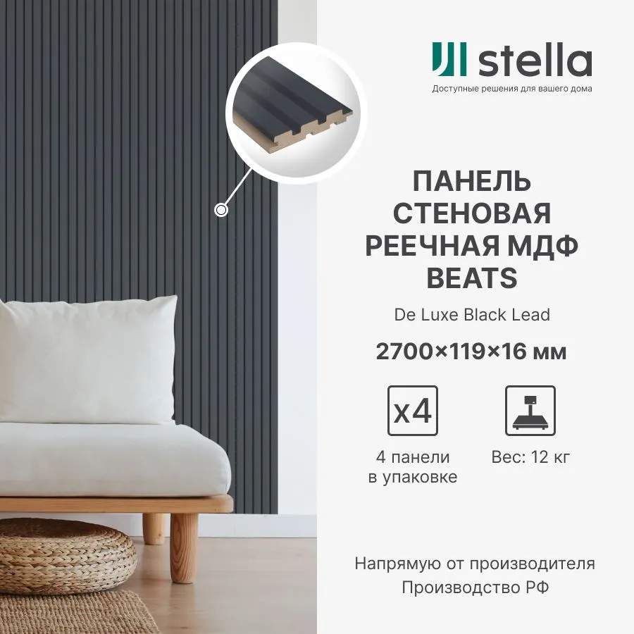 Панель МДФ Стеновая реечная Stella Beats DE Luxe Black Lead  2700х119х16 (уп. 4шт.)