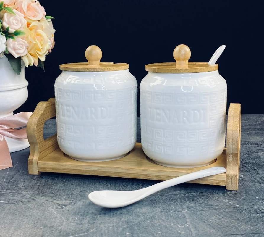 LENARDI Набор банок д/сыпучих 140-120 2штх350мл на подставке фарфор/бамбук