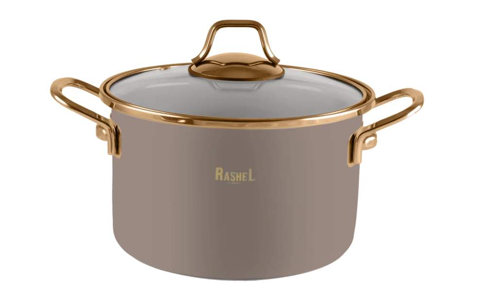 TM RASHEL Gold кремово-розовый Кастрюля 3л 18см ручки (золото) с/кр 3х-слойная эмаль R-01118