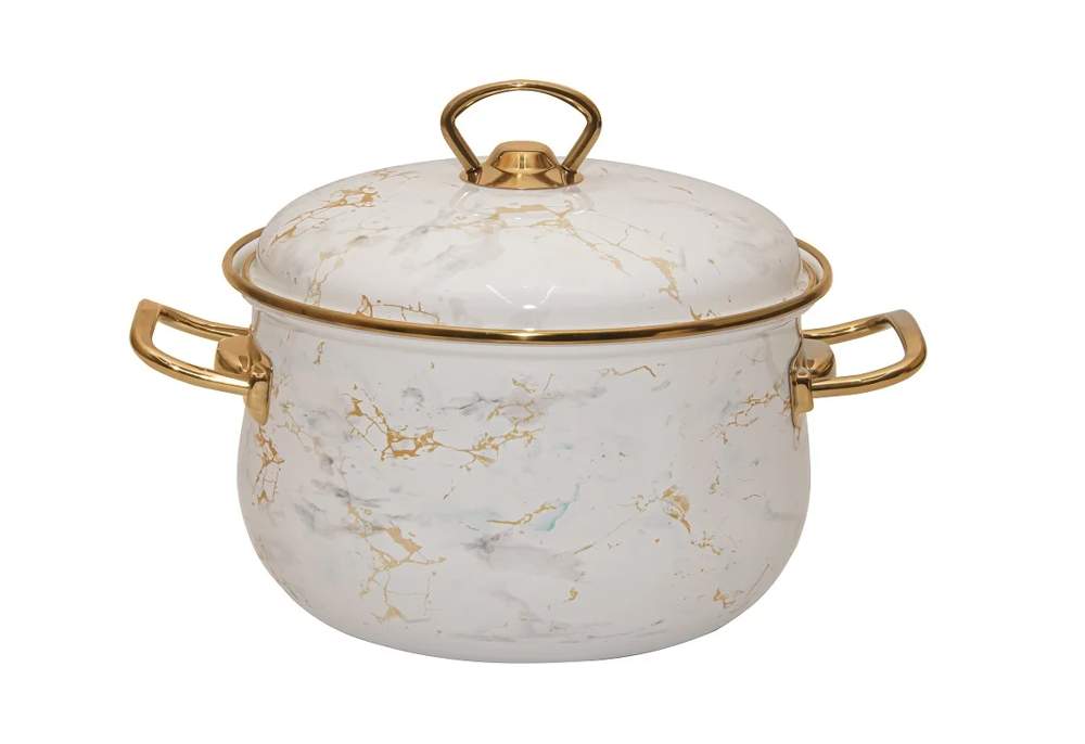 TM RASHEL Lux мрамор белый Кастрюля 6,5л 24см ручки(золото) металл.крышка 3х-слойная эмаль 70024