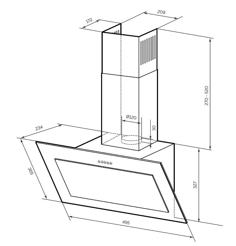 Кухонная вытяжка LEX MIO 500 BLACK 590м3/ч, 50х32,7х23,4 см, D 120мм