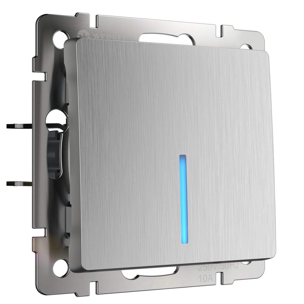 Выкл.  Frame 1-кл. проходн. с подсв.  серебр. рифленый  WL09-SW-1G-2W-LED