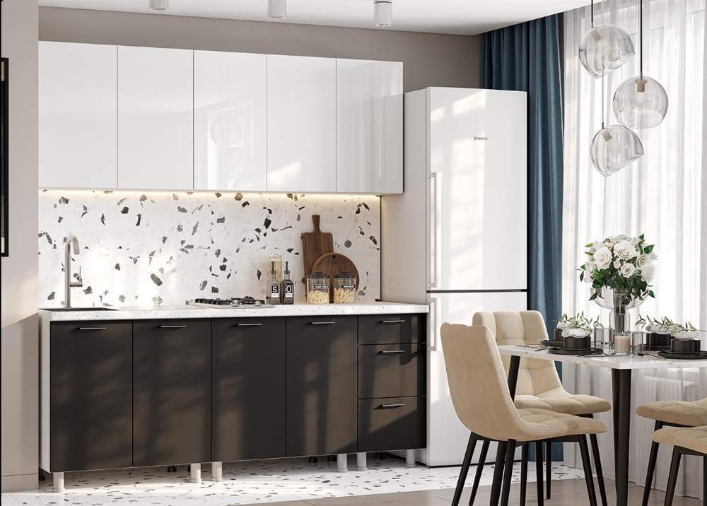 Кухня Модерн New 2,0м Белый/белый гл.Бруно/Графит+столеш.26 2000 мраморный берег+ручка С-42 черный 