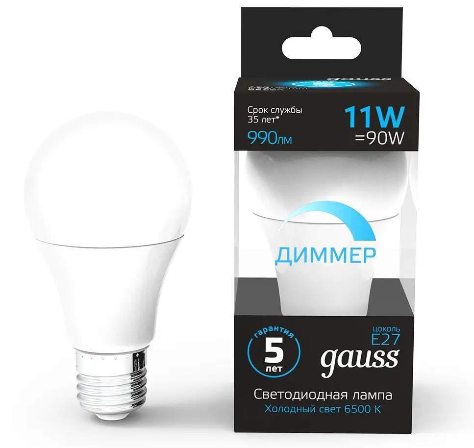 Лампа Gauss LED A60 11W 990lm 6500K E27 диммируемая 102502311-D