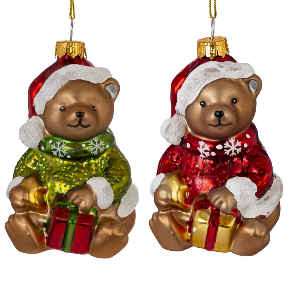 REMECO COLLECTION Игрушка елочная 813821 Медвежонок с подарком 6,5х7х10см 2 вида (стекло)  