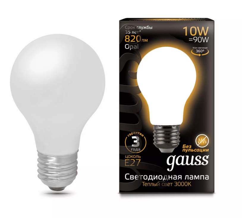 Лампа Gauss LED Filament  Opal  A60 теплый  10Вт 230в E27   102202110