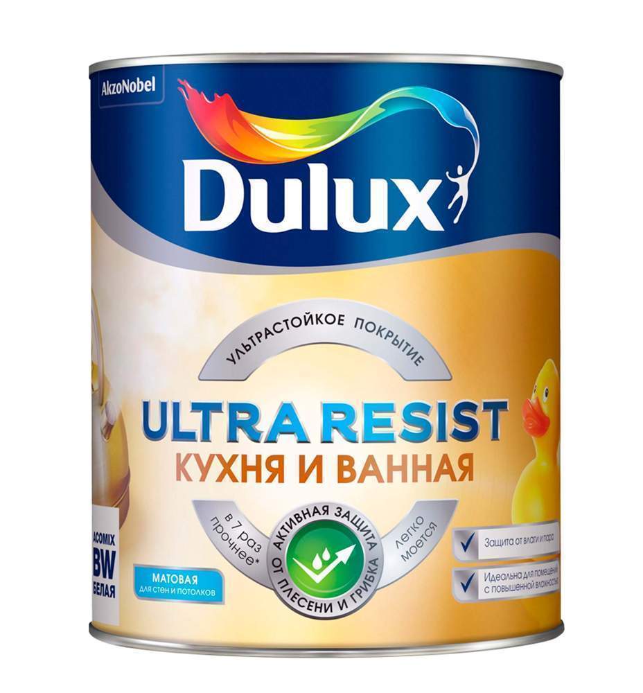 Краска Dulux / Luxium Ultra Resist Кухня и Ванная Матовая база BW 1л  5255520/5757360