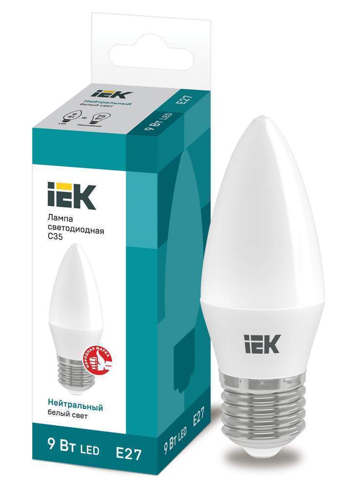 Лампа светодиодная ECO C35 9Вт свеча 4000К бел. E27 450лм 230-240В IEK LLE-C35-9-230-40-E27
