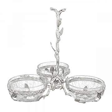TAJ GLASS Белый обгез серебро Менажница 3-х секционная 31х31х30см 67583/62834