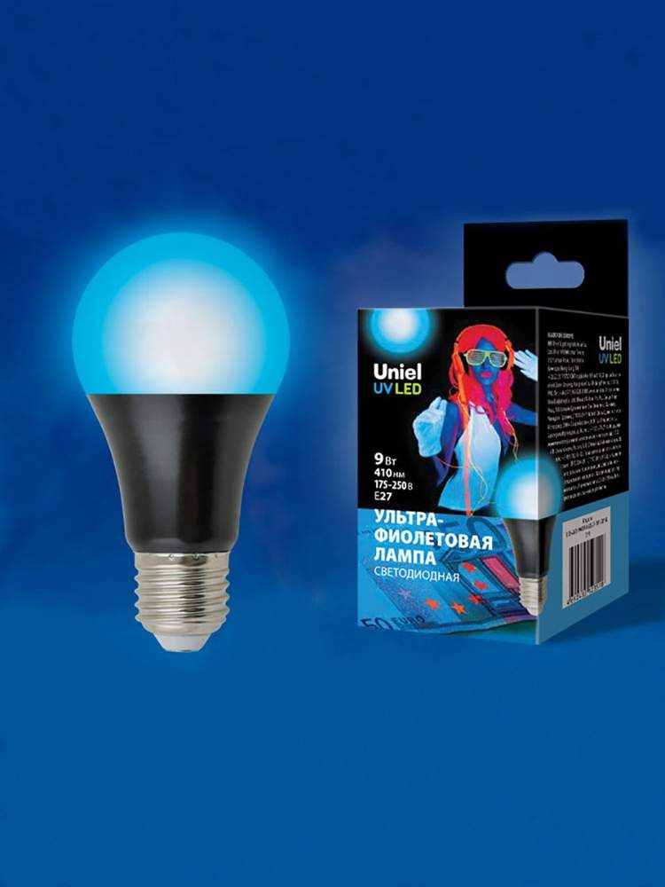 Лампа Uniel LED-A60-9W/UVAD/E27/FR PLZ07BK ультрафиол.д/дискотек  Спектр UVA410нм ТМ ш/к UL-00005855