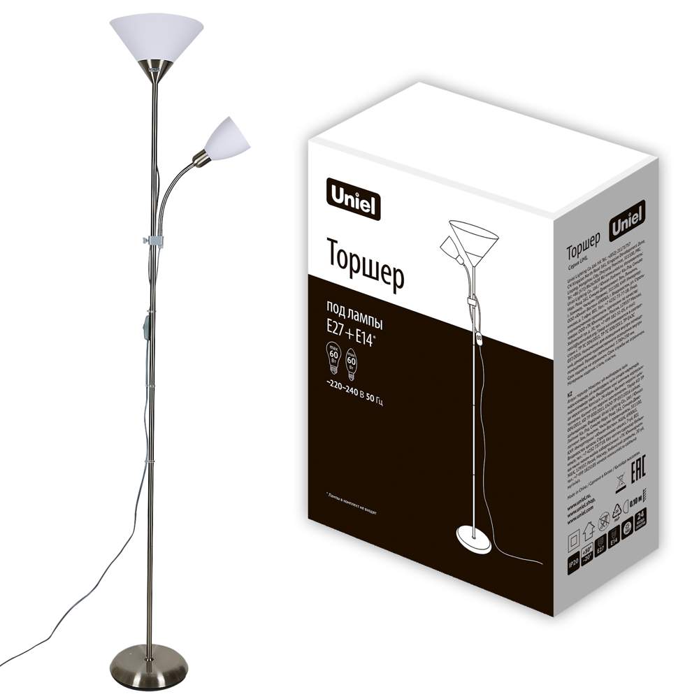 Торшер UML-T520 2*60W E27+E14 серебристый/белый UL-00010195