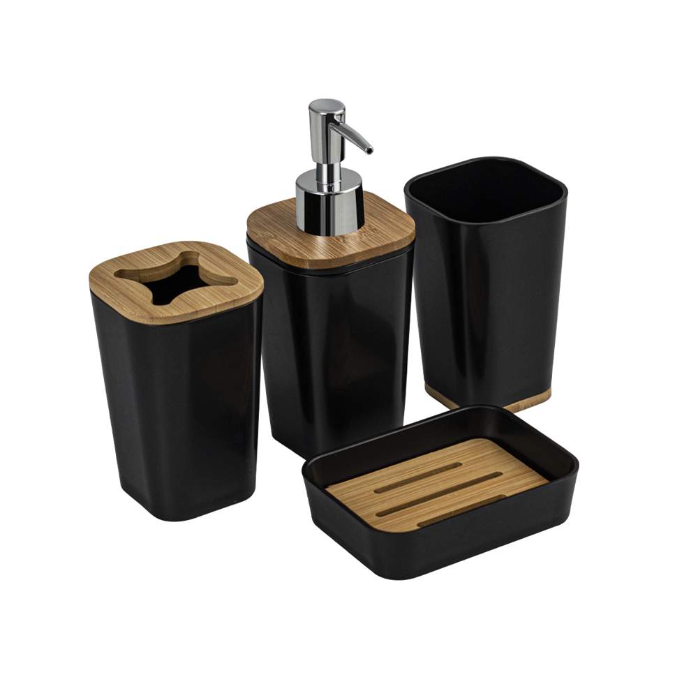 Набор в ванную настольный черный пластик с вставками из бамбука  Санакс 20814