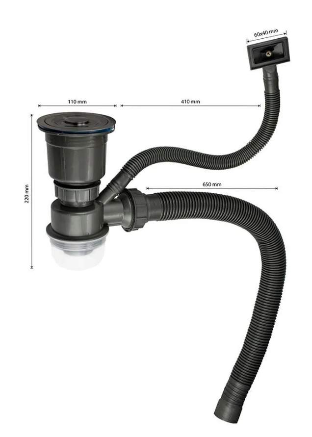 Сифон FABIA PROFI д/мойки Графит, с отв.под слив.шланг и со съемной корз.  8734