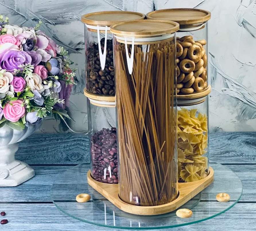 LENARDI Набор банок д/сыпучих 160-244 5шт на подставке стекло/бамбук