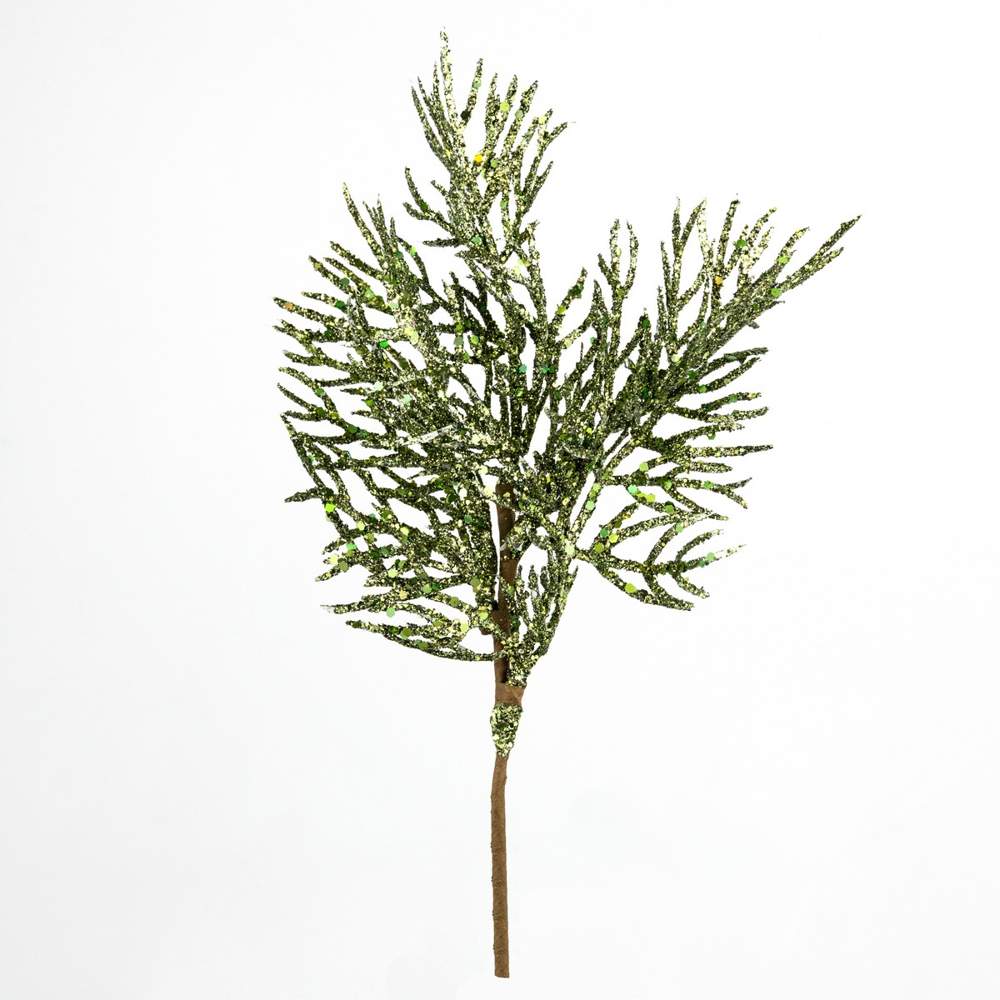 DECOLINE Ветка декоративная HY1991-Y1476 Туя с глиттером 27см зеленый 