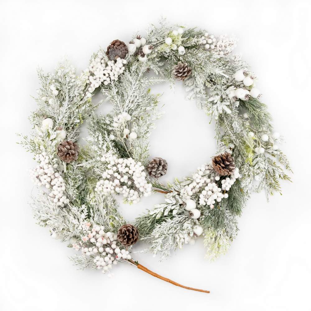 DECOLINE Гирлянда еловая с ягодами и шишками заснеженная зеленый/белый 183см HEW759.6G