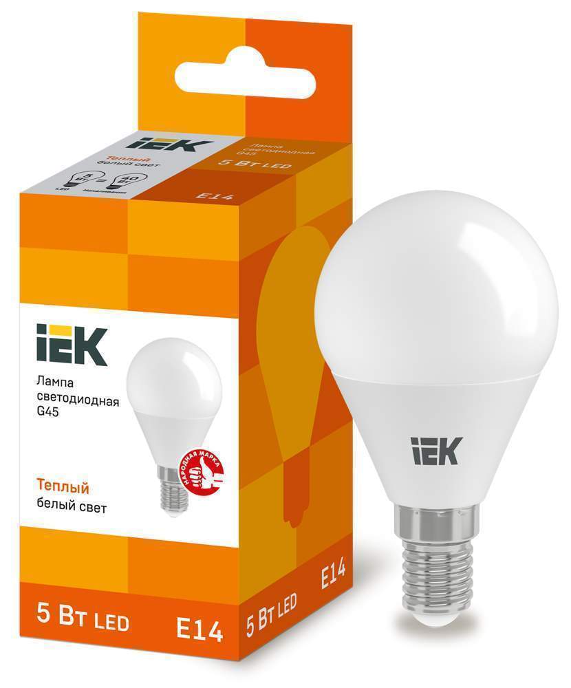 Лампа светодиодная ECO G45 5Вт шар 3000К тепл.бел. E14 450лм 230-240В IEK LLE-G45-5-230-30-E14