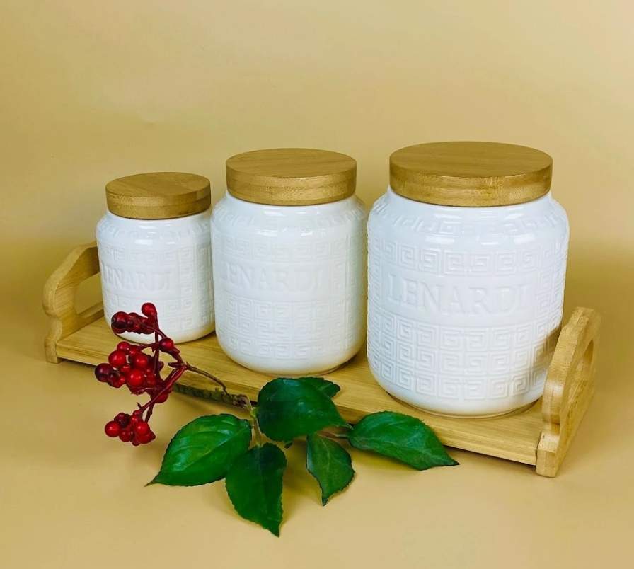 LENARDI Набор банок д/сыпучих 140-132 3шт 360/600/1000мл на подставке фарфор/бамбук