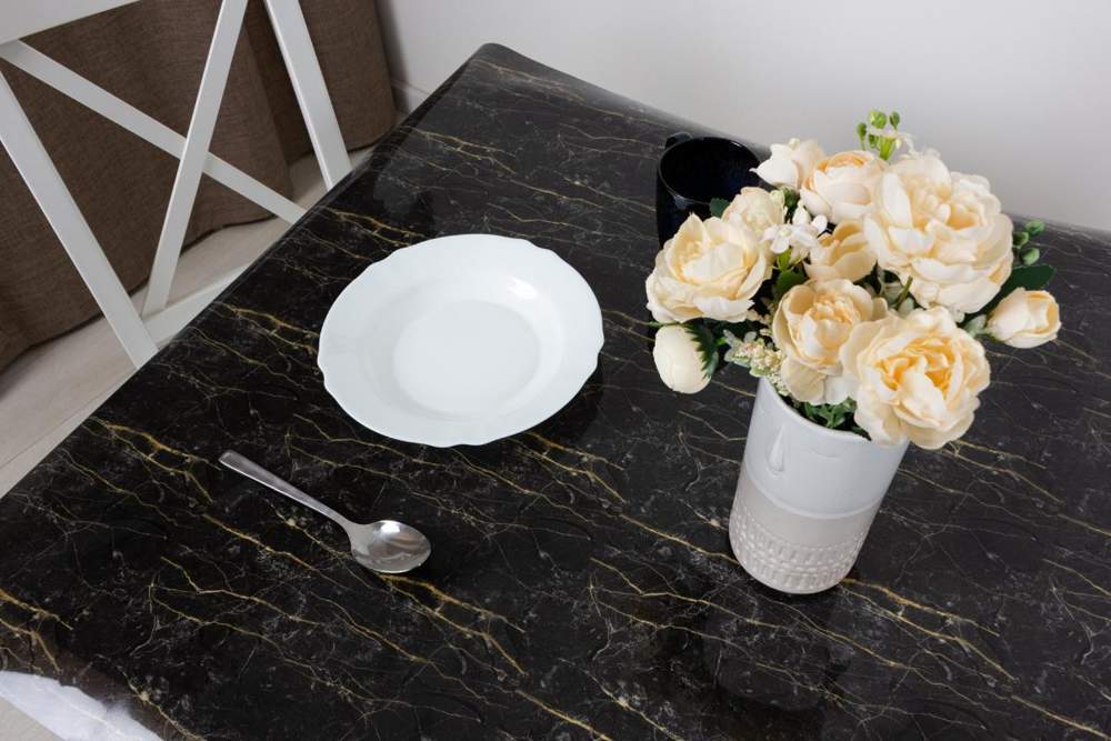 Клеенка ПВХ без основы Transparent Мрамор черный толщина 0,6мм/80см Dasch (20) BRT-155/13760