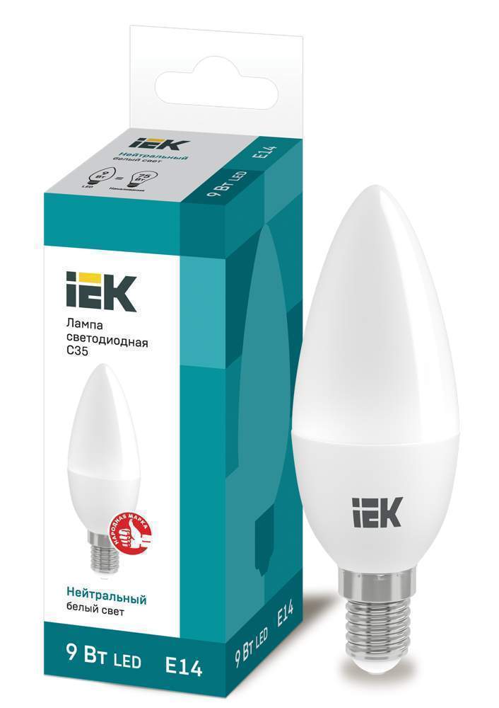 Лампа светодиодная ECO C35 9Вт свеча 4000К бел. E14 450лм 230-240В IEK LLE-C35-9-230-40-E14
