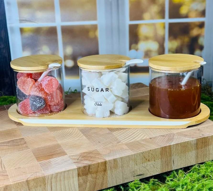 LENARDI Набор банок д/сыпучих 160-233 3шт на подставке стекло/бамбук