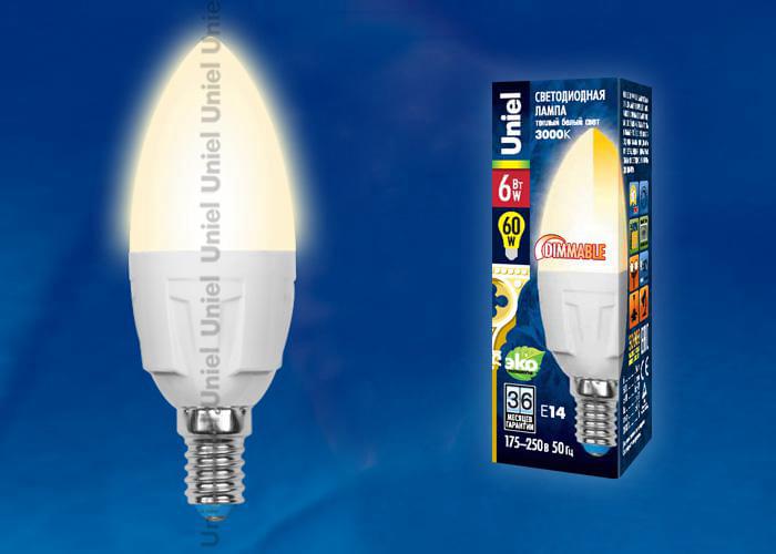 Лампа Uniel Palazzo DIM LED-C37-6W/WW/E14/FR PLP01WH  UL-00000690